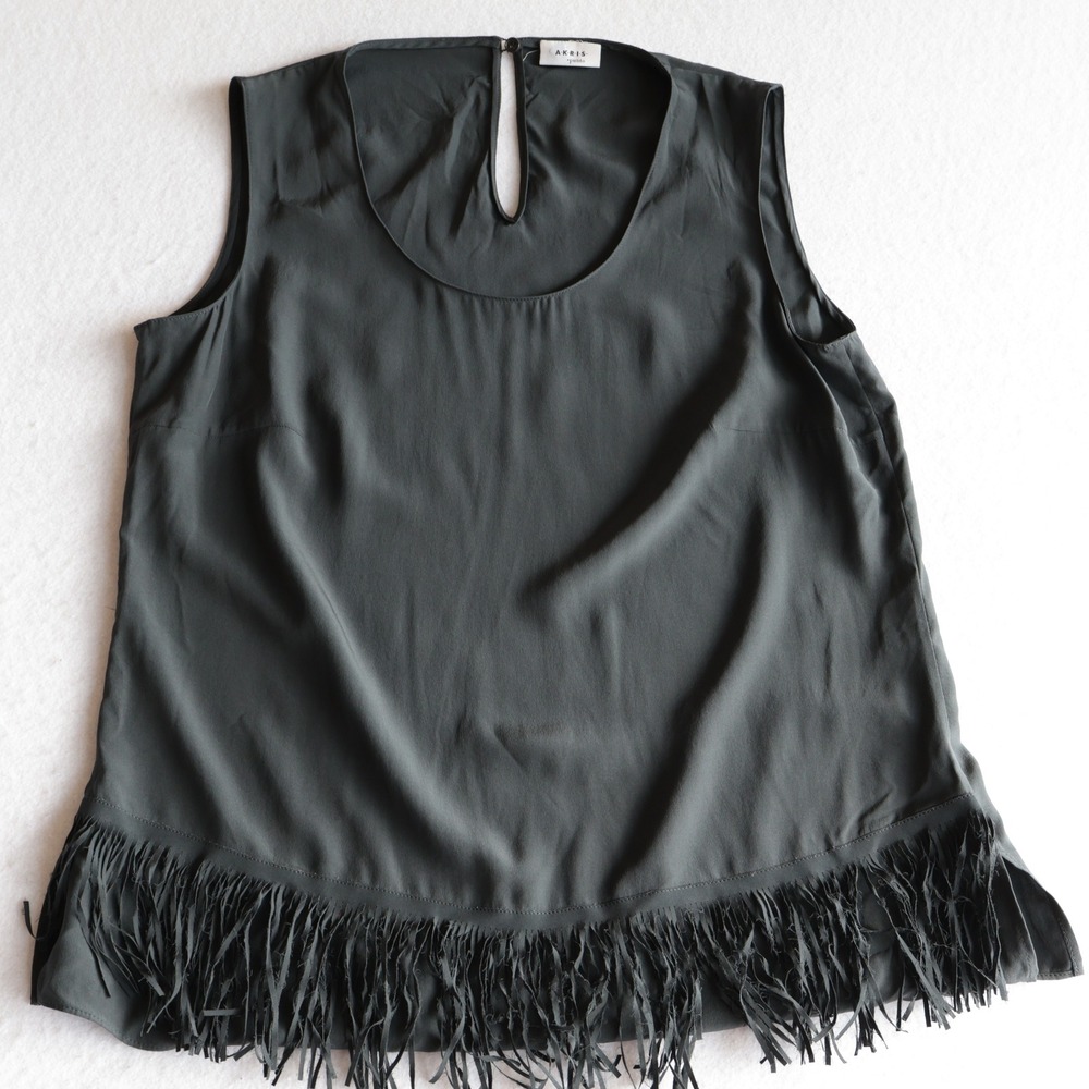 Akris Punto Women Black 100% Silk Fringe Hem Sleeveless Blouse Top US 8